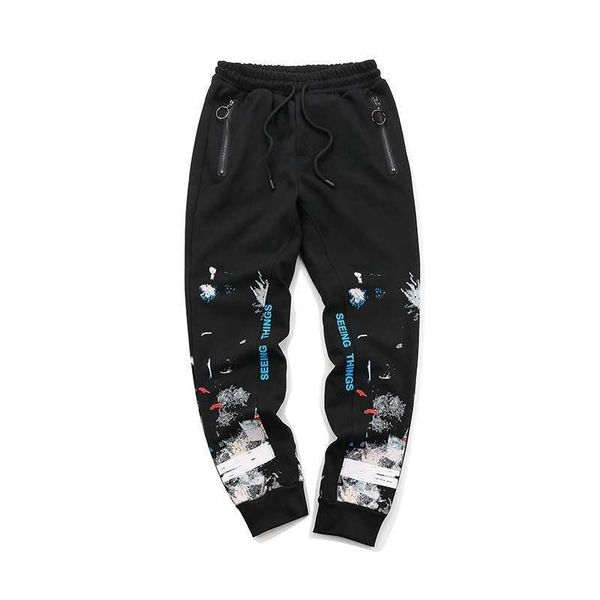 

street splashing ink printed whi casual sports off w fashion men's women's ow autumn and winter thin pants, Black