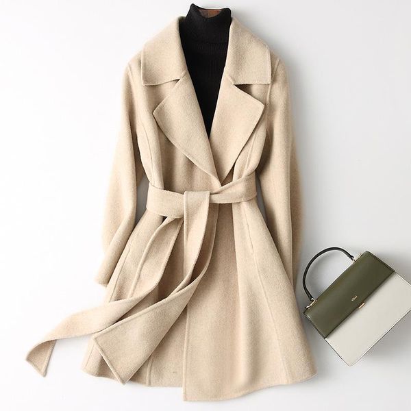 

coat ladies mid-length wool solid color lapel with belt fashion slim women's & blends, Black