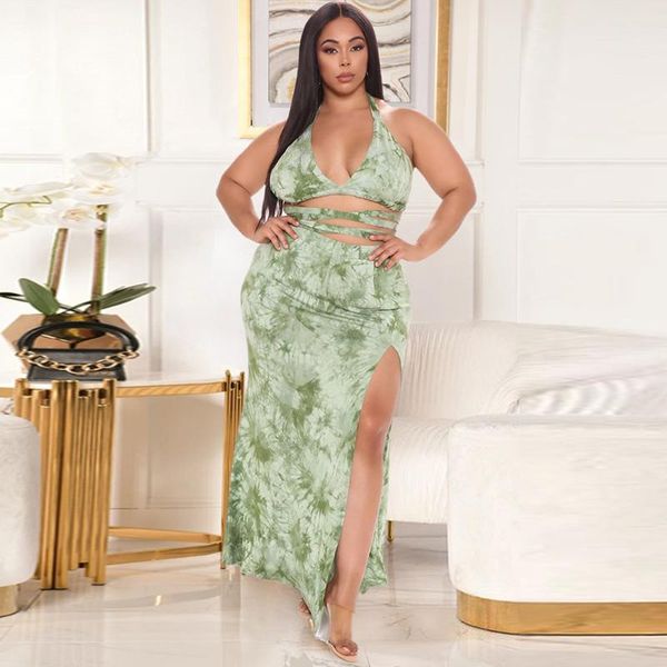 

plus size tracksuits xl-5xl large green tie dye print 2 piece dress set women halter backless bandage crop and side hight split maxi ski, Black