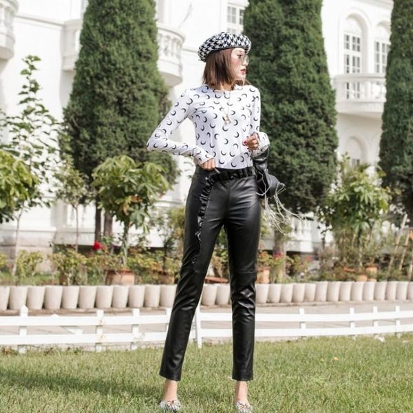 

women's pants & capris women genuine ruffles harajuku sheepskin real leather trousers slim high waist ankle-length lady pencil, Black;white