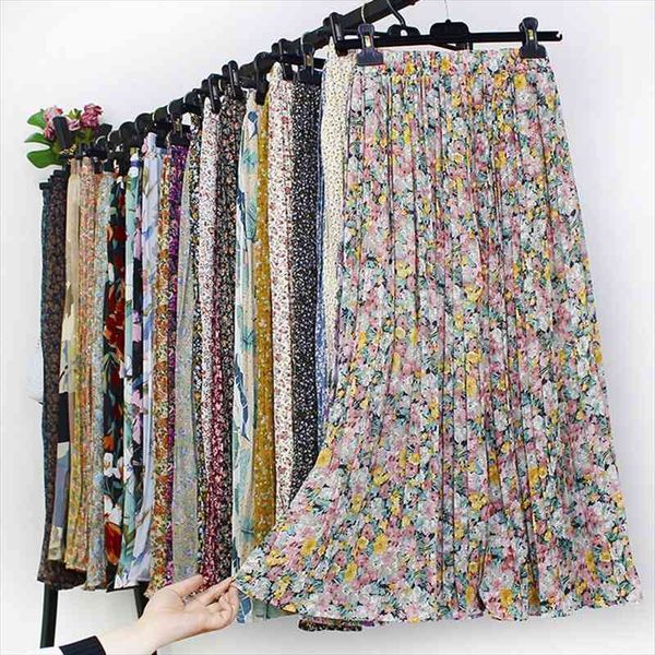 

women summer boho chiffon long skirt elegant floral print pleated skirts elastic high waist casual midi skirt women clothes, Black