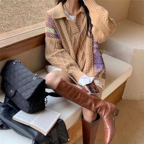 

saythen oversized retro pullover fashionable lapel contrast color twist stitching cable knit sweater women thicken coat women's sweater, White;black