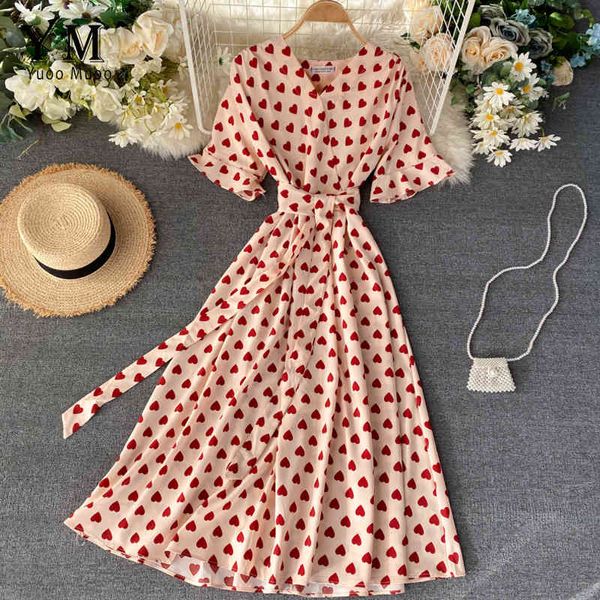 

yuoomuoo romantic heart print summer dress women 2020 v neck elegant high waist long bandage dress ladies fashion party dresses x0521, Black;gray