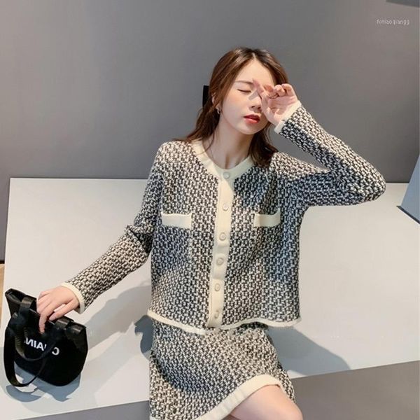 

women's tracksuits autumn winter korean crew neck single breasted small fragrance casual cardigan sweater set two piece of foreign, Gray