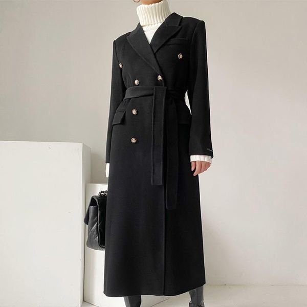 

women's wool & blends [ewq] korea chic high sense lapel double row metal buckle lace up waist over knee long woolen jacket women fashio, Black