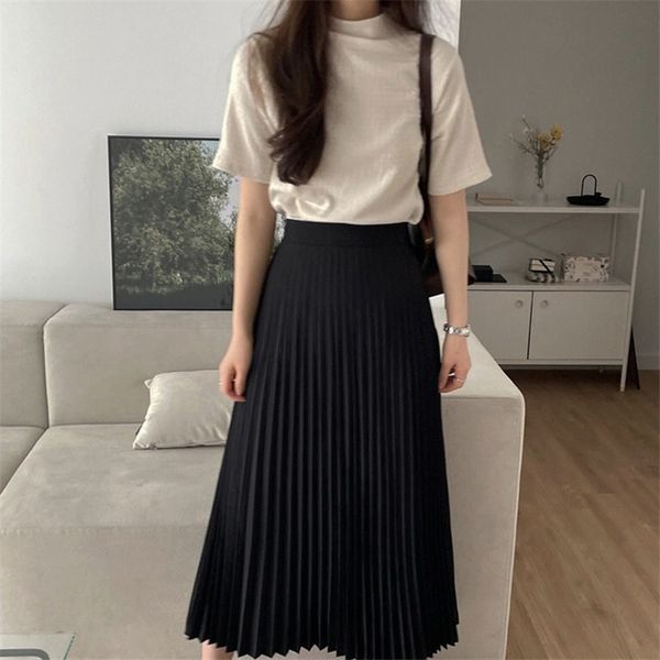 

woman skirts pleated black high waisted summer two-piece clothing korean fashion beige t-shirt casual half high collar, White