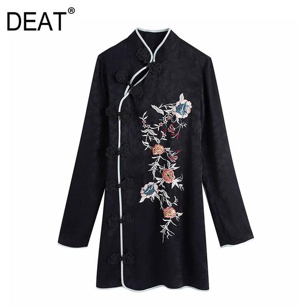 

casual dresses [deat] 2021 spring autumn vintage women printing long sleeve single-breasted embroidery round neck temperament dress 13a642, Black;gray