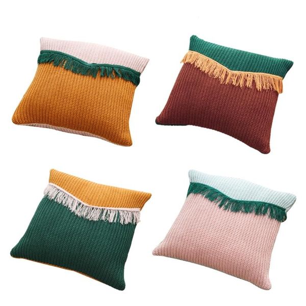 

pillow case nordic modern knitted throw with tassels contrast color patchwork crochet cable knit decorative square cushion cover