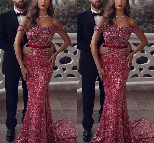 

red mermaid evening dresses sparkly sequins ribbon off the shoulder sweep train custom made 2021 plus size dubai arabic prom party gown vest, Black;red