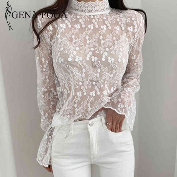 

genayooa spring t women long sleeve lace shirt office ladies t-shirt womens elegant tee korean style summer 210417, White