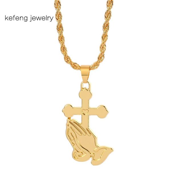 

hip hop cross hands folded piety pendant necklace jewelry classic vintage men women chain necklaces 60cm long wholesale, Silver