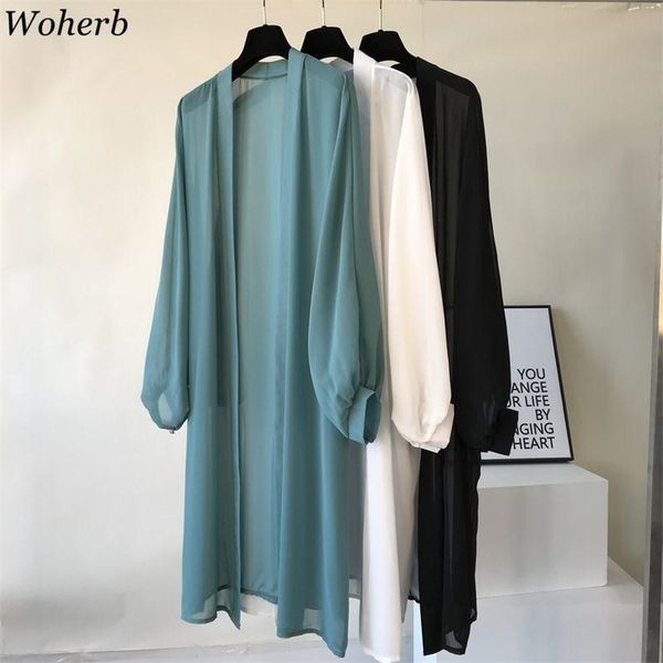 

woherb lantern sleeve long blouses kimono cardigan holiday beach outwear women summer plus size korean clothes shirts 210730, White