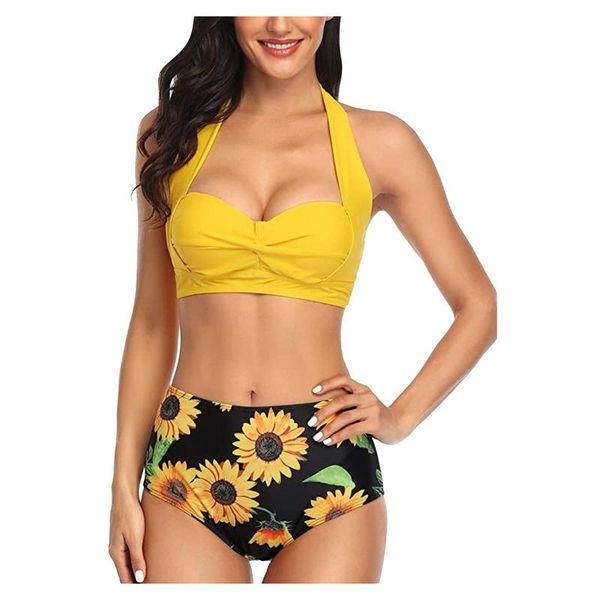 

women's swimwear women vintage swimsuit two piece retro halter ruched high waist print bikini set brazilian push-up bra, White;black