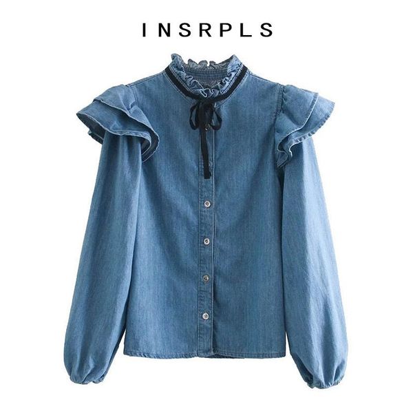 

women fashion with bow ruffled denim blouses vintage long sleeve button-up female shirts chic women's &, White