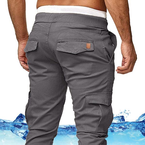 

men's pants cargo men skinny jeans trousers elastic waist drawstring grey fashion streetwear flap pockets casual 2021, Black