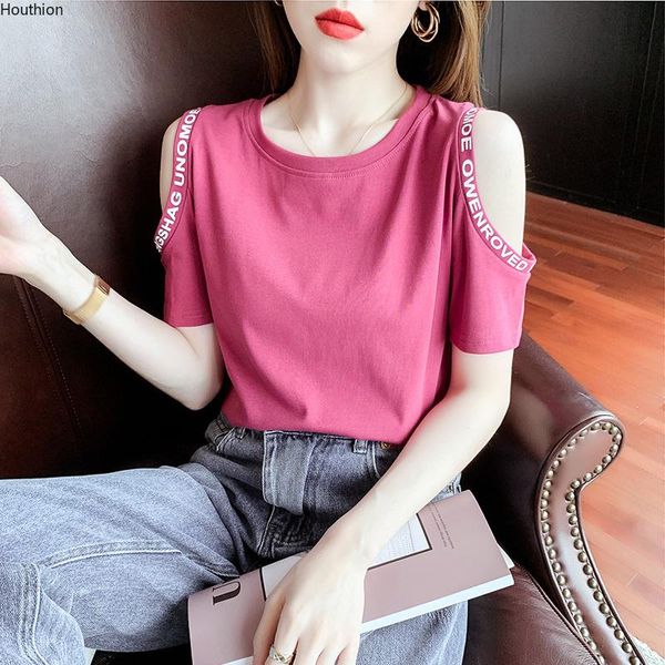 

women's t-shirt houthion cotton slim tees korean fashion summer t shirt casual short sleeve strapless solid tshirt, White