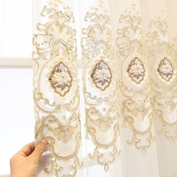 

european style beige embossed embroidered window screen for living room and bedroom modern home decoration tulle curtain #4 & drapes