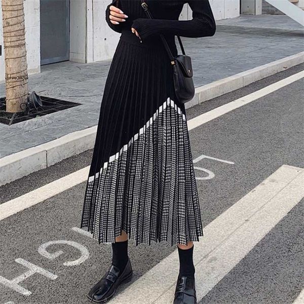 

houzhou autumn winter houndstooth knitted long skirt vintage black high waist midi pleated skirt elegant casual 211109