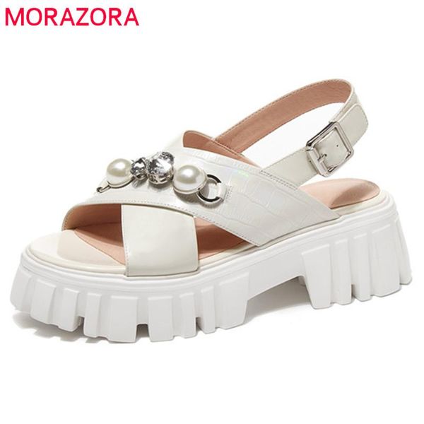 

punk casual shoes women sandals genuine leather footwear pearl fashion square heel platform lady dress, Black