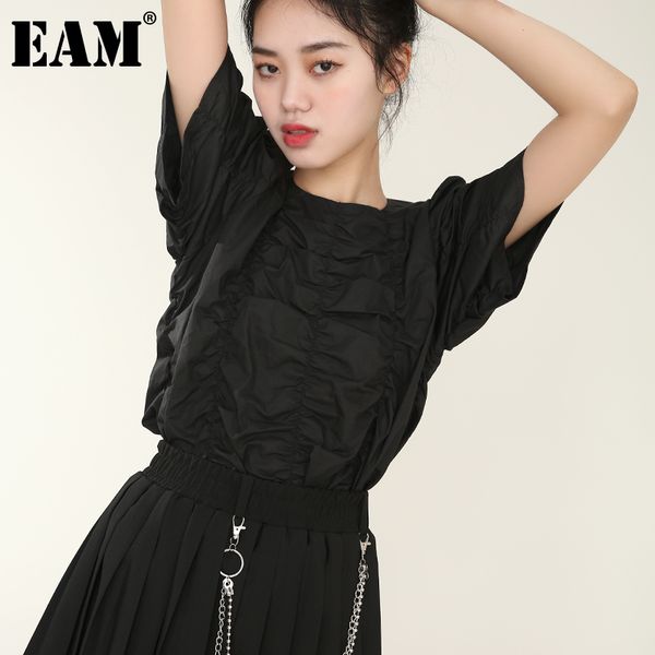 

[eam] spring summer round neck short sleeve white fold pleaed stitch temperament t-shirt women fashion jt52401 210512, White;black