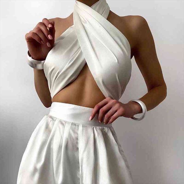 

chic satin criss cross halter women camis sleeveless backless bandage cropped mini vest bustier boob cami elegant lady, White