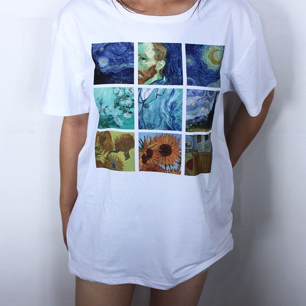 

new van gogh art oil painting lattice print cute plus size casual female summer short-sleeved bf harajuku t-shirt, White