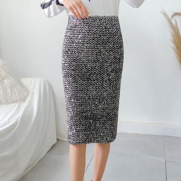 

skirts fall spring office lady women slim elastic high waisted sequined golen blue silver pencil skirt , autumn woman stretch, Black