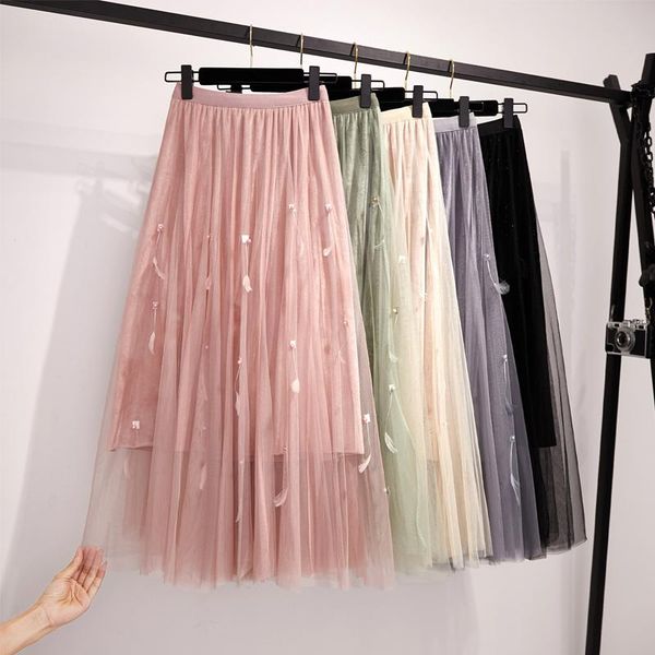 

skirts white gauze shaqun in winter 2021 bright silk pleuche feather fairy long skirt beading veil, Black