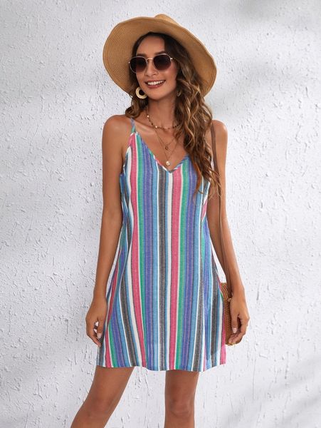 

striped print cami dress q97a#, Black;gray