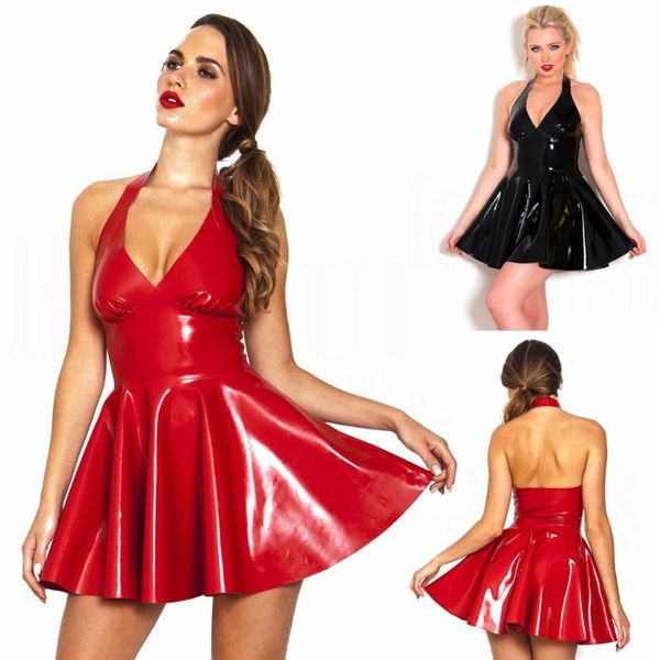 

women's fashion leather latex sleeveless dress dance costume mini casual dresses, Black;gray