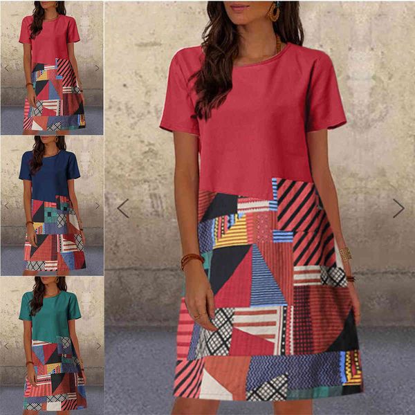 

charming dresses 2021 summer print stitching contrast round ne medium length short sleeve, Black;gray