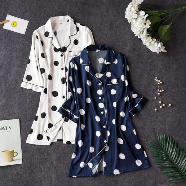

spring summer nightdress print sleepshirts women sleepwear half sleeve silk nightwear cute nightshirts satin nightgowns, Black;red