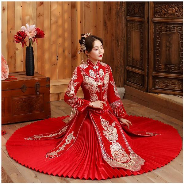 

sequins embroidery bride wedding dress retro qipao chinese cheongsam the toast clothing size xs-3xl ethnic, Red