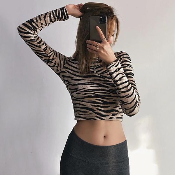

women's t-shirt women zebra striped long sleeve crop top, White