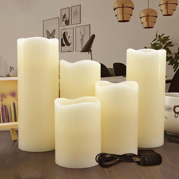 

set of 5 rechargeable flameless flickering paraffin wax led pillar candle light wavy edge dia.7.5cm wedding xmas party bar-amber candles