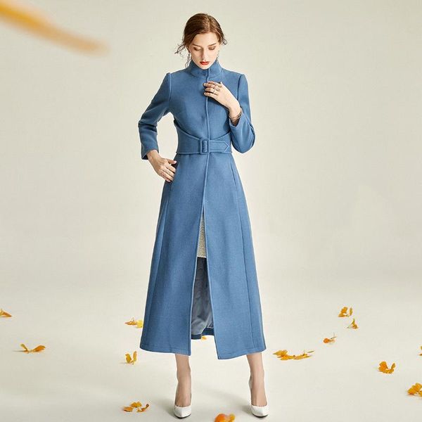 

women's wool & blends temperament ladies fine woolen coat thickened waist slimming over-knee autumn and winter, Black