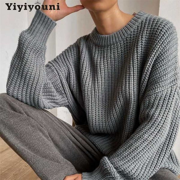 

yiyiyouni vintage oversized knitted sweater women elegant thick loose pullovers female korean fashion solid 211021, White;black