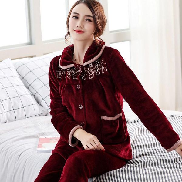 

autumn womens sleepwears winter warm pajamas sets for women thick flannel coral long sleeve female pajama pyjamas turn down collar, Black;red