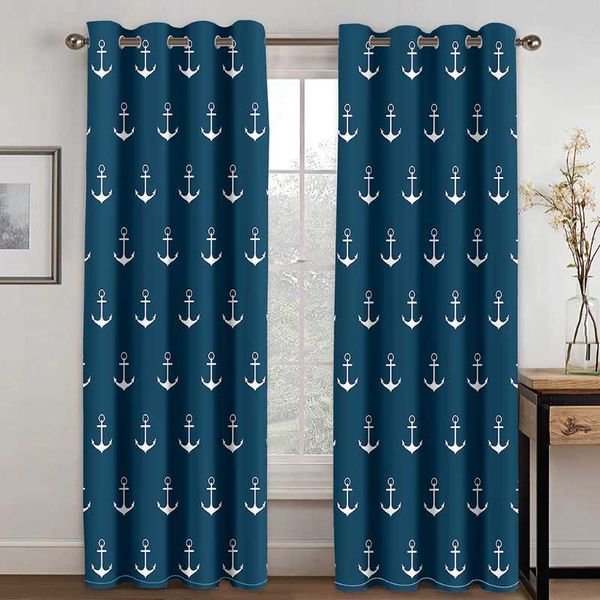 

curtain & drapes home perforated living room bedroom decoration black silk cloth curtains blue anchor pattern printing