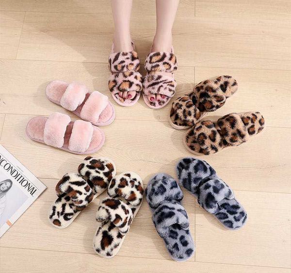 

slippers winter women cute warm home leopard print house floor indoor slides fat fur shoes child sliders, Black