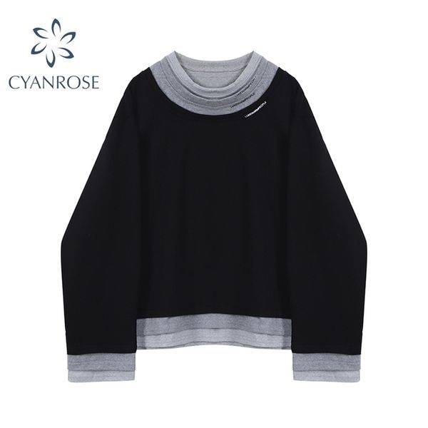 

autumn winter long sleeve t-shirt women fake two piece tee oversize t casual o-neck female tshirt 210515, White