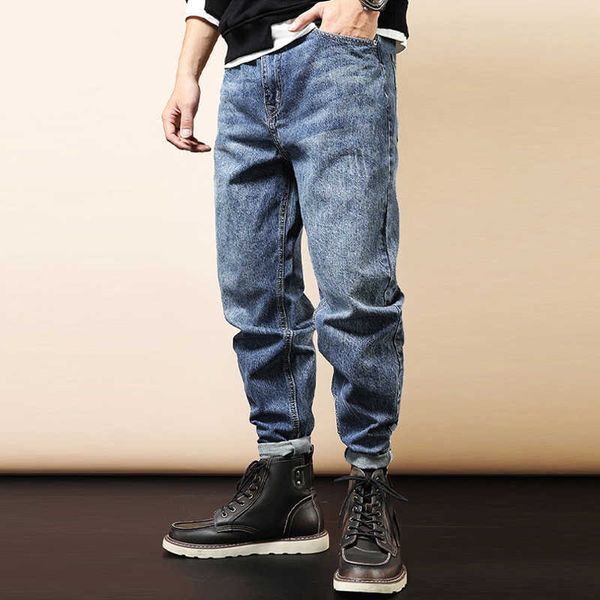 

men's jeans japanese style fashion loose fit casual denim harem pants vintage designer streetwear hip hop wide leg woyb, Blue