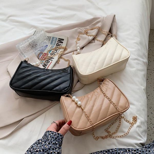 

evening bags women shoulder bag embroidery thread leather handbags pearl gold chain fashion travel shopper casual purse small square