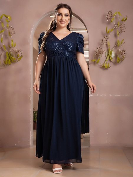 

plus contrast sequin puff sleeve chiffon prom dress 54tt#, Black