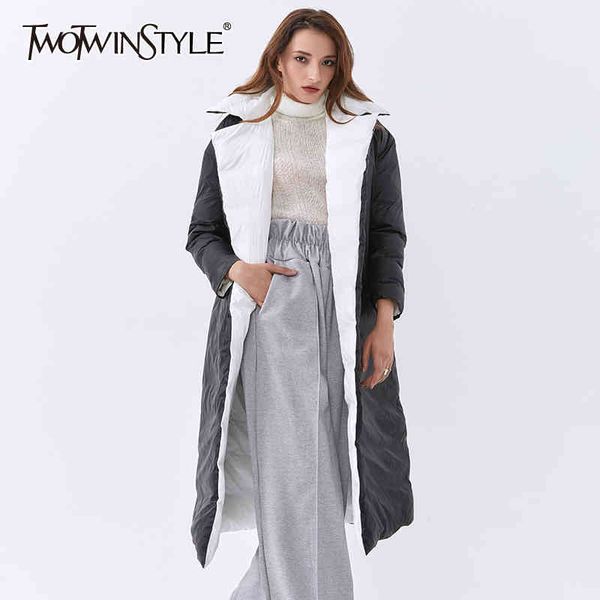 

casual lace up parkas for women lapel long sleeve tunic midi cotton coat female winter fashion clothing 210524, Black