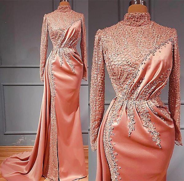 

blush pink muslim evening formal dresses with long sleeve high neck sparkly lace beaded arabic aso ebi occasion prom gowns, Black;red