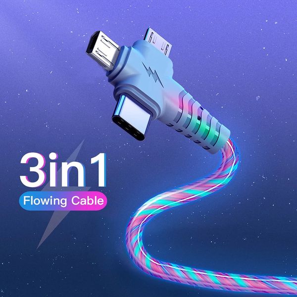 

3in1 led glow flowing charger cables luminous lighting fast charging micro type-c phone usb c wire cord