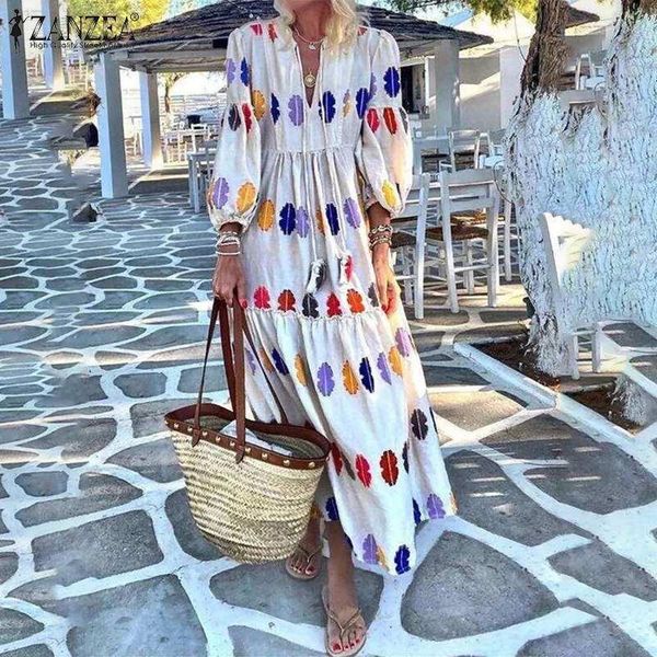 

women's autumn long dresses zanzea bohemian floral printed vestidos casual o neck ruffle dress a word robe femme plus size s-5xl, Black;gray