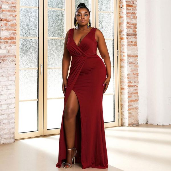 

plus size dresses summer red slit bodycon dress women elegant maxi long v neck spaghetti strap club party vestidos, Black