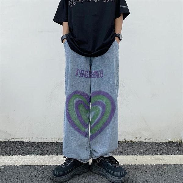 

women's pants & capris graffiti print long straight chic love loose casual jeans female 2021 fall streetwear pocket wide leg trousers, Black;white